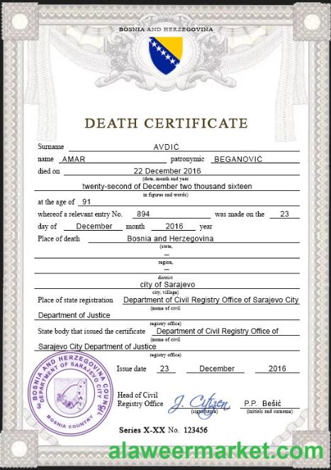 Bosnia and Herzegovina vital record death certificate PSD template